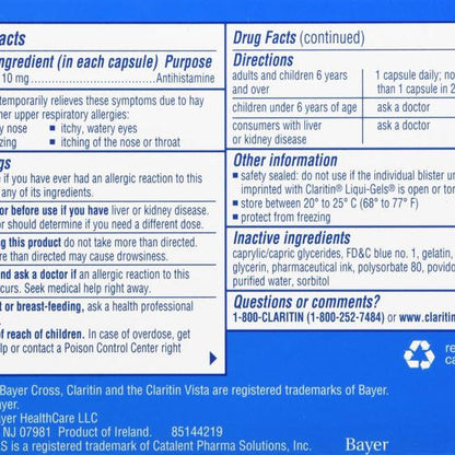 Claritin Loratadine 10 mg/Antihistamine 24 Hour Allergy Liqui-Gels 30ct