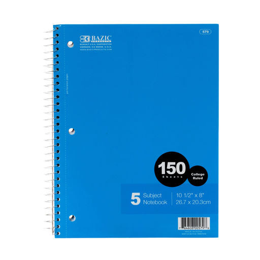 Bazic Notebook 150ct 5-Subject College Rule