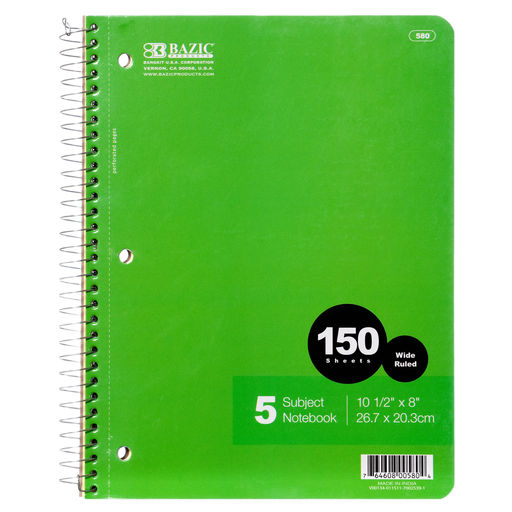 Bazic Notebook 150ct 5-Subject Wide Rule