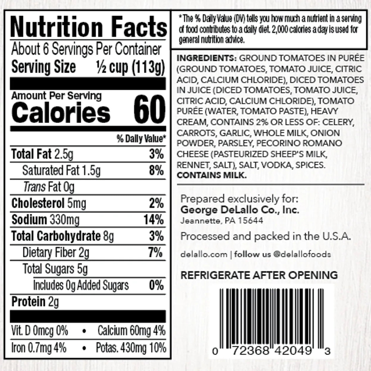 Delallo Premium Vodka Sauce 24oz